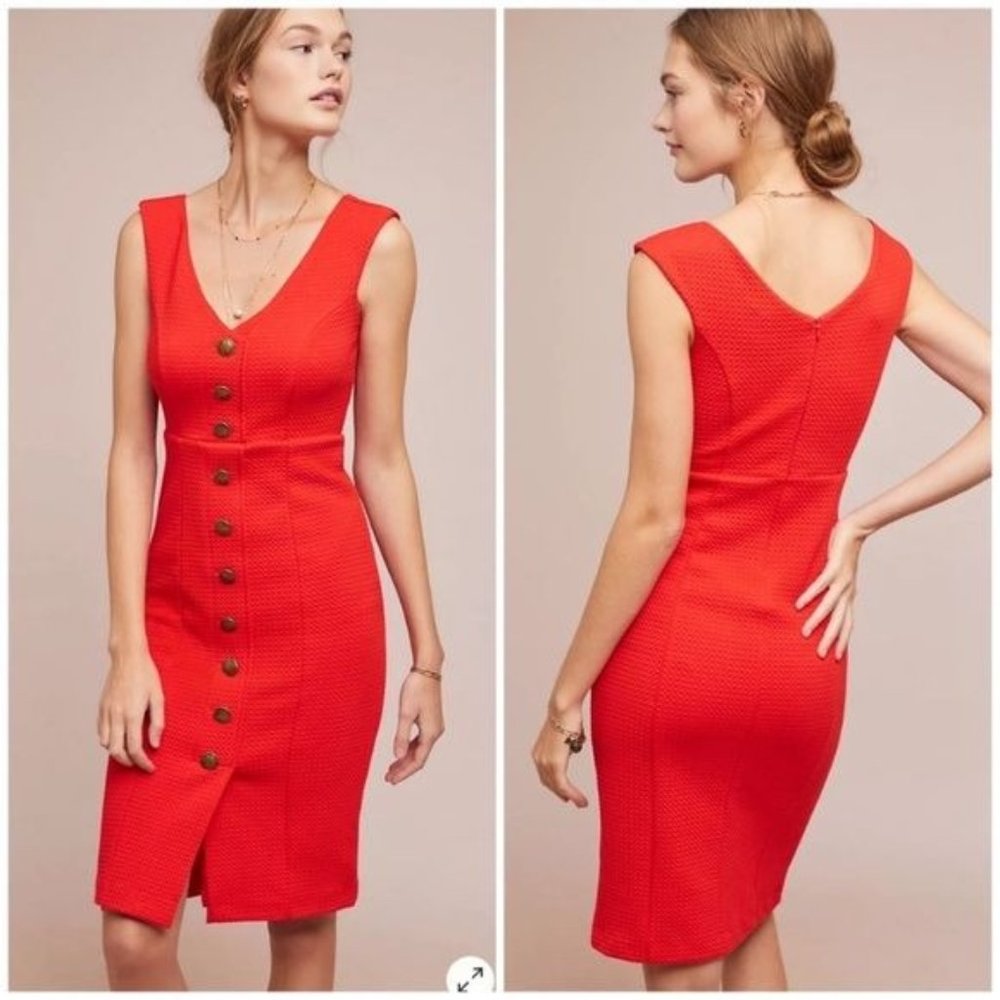 NWT Maeve Anthropologie Red Textured Sleeveless V Neck Button Down Dress Large